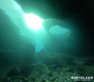 伊良部島 ダブルアーチと太陽が重なる様子