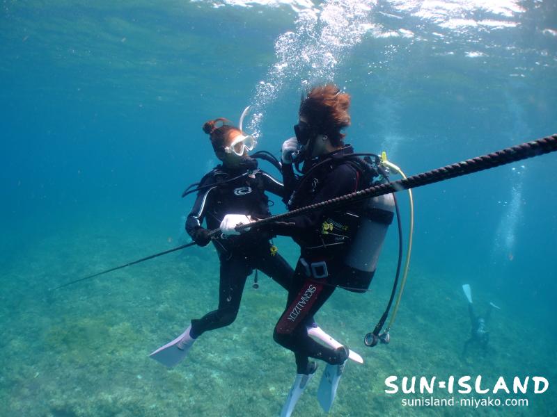 ロールを捕まり潜降するダイバー