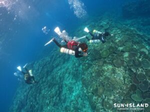 宮古島でサイドマウントスタイルでダイビングを楽しむTさん・Yさん・Nさん