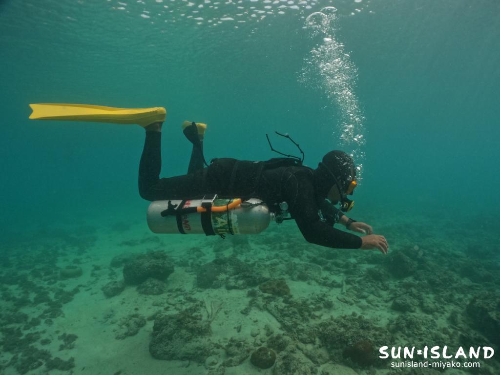 宮古島ダイビングショップに勤務するKさんのサイドマウントダイビングの様子