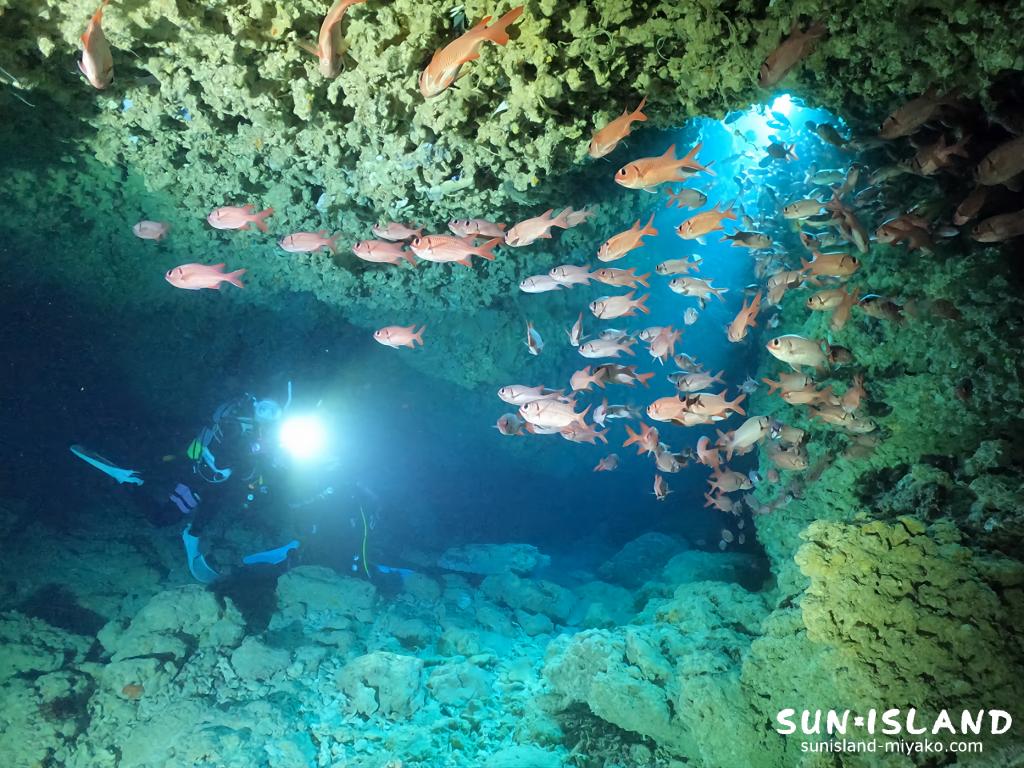 4月の宮古島ダイビング・水深10mのマリンレイクに差し込む力強い光のビーム