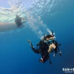 澄んだ水中で、ダイバーがダイブコンピューターをしっかり見つめているダイバー